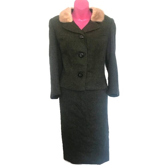 1960s vintage fur collar green tweed suit size medium large - Picture 1 of 9